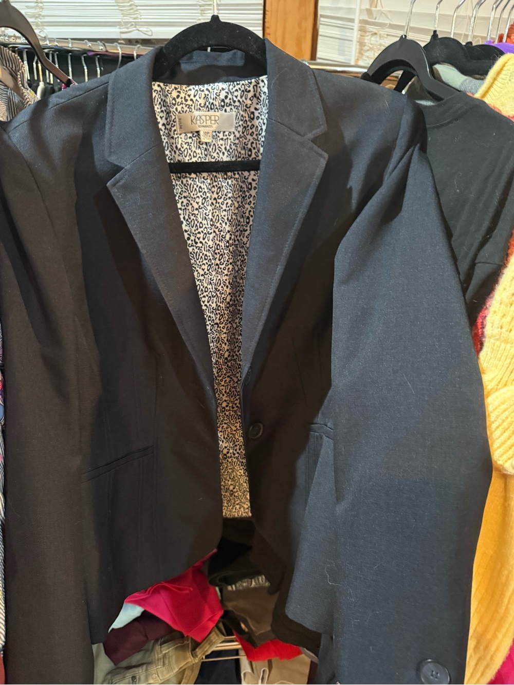 Kasper Black Single-Button Notch Lapel Blazer with Leopard Lining